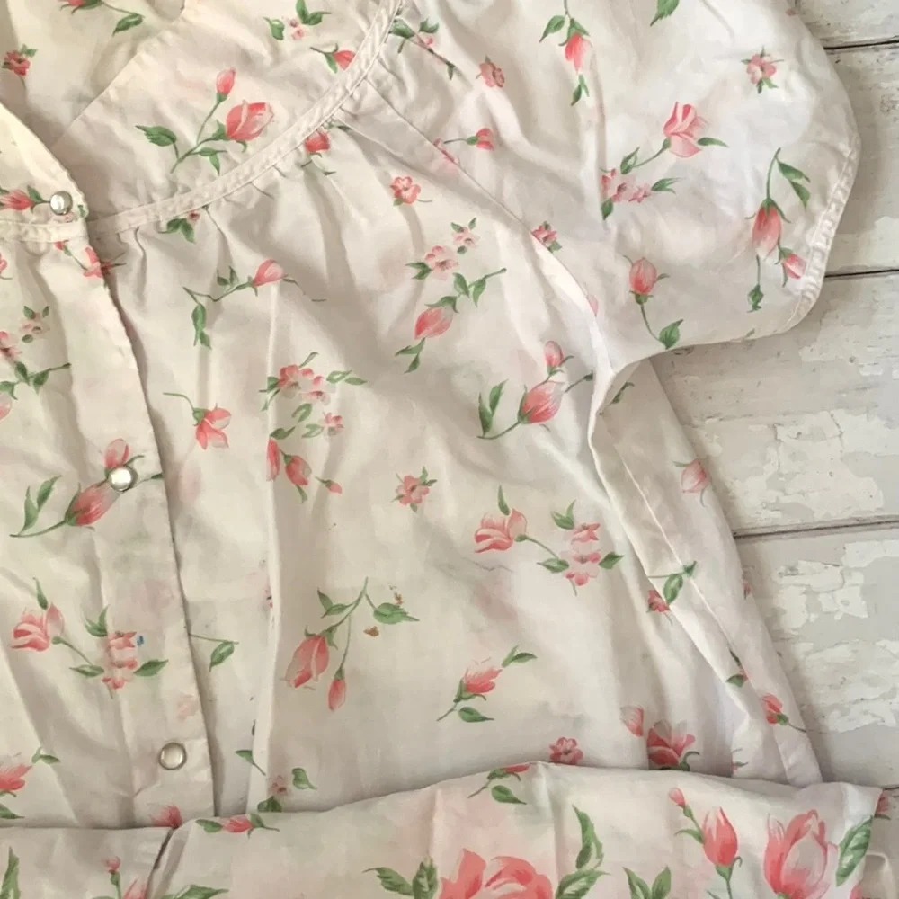 Women’s L/G Kimono Nightgown Sleep Dress Pajamas White Pink Flowers Print Large